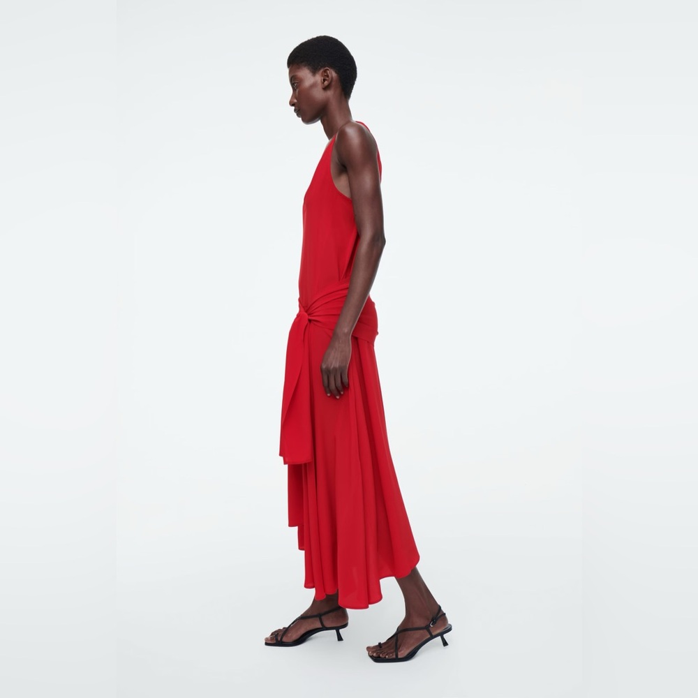 NWT COS Red Silk Asymmetrical V neck Midi Dress with side tie - Picture 2 of 5